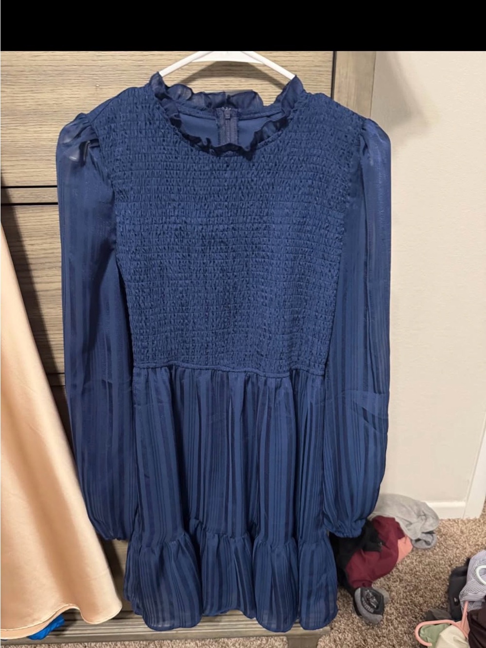 Cupshe Navy Smocked Long-Sleeve Ruffle-Hem Mini Dress - Picture 2 of 4